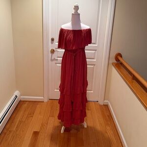Elegant Off-Shoulder Red Ruffle Dress with belt NWOT  Tropicana casino boutique